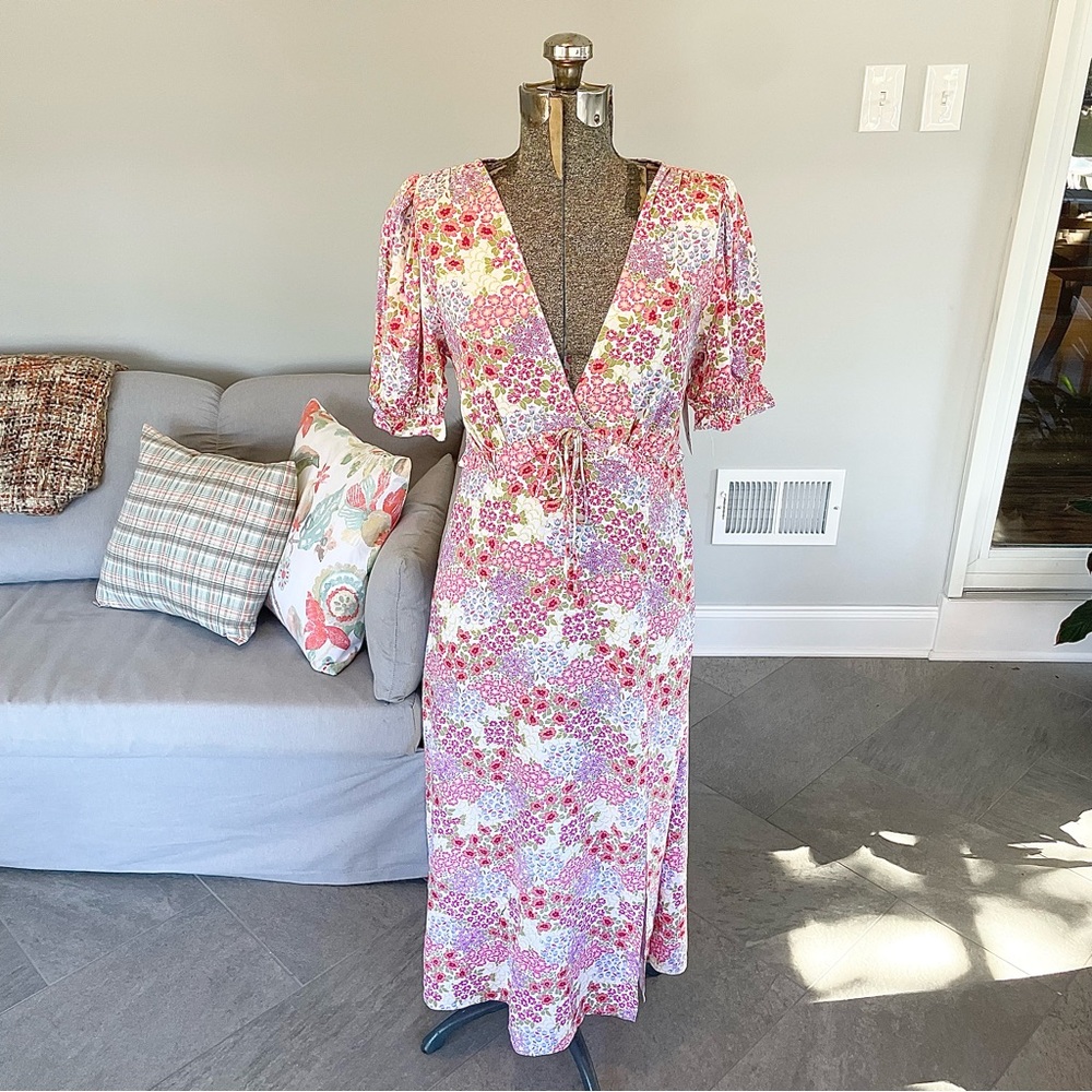 XS, S pink floral puff sleeve midi dress w/slip low cut V-neck dress